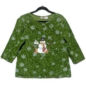 Collections Etc Green Christmas Top Women's Extra Large Winter Snowman Accent
